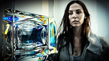 Poster - Modern Woman Interacting With Colorful Prism Sculpture in Studio Generative AI