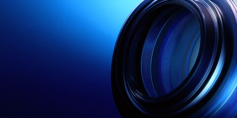 Poster - Circular object with concentric rings, illuminated in blue. Abstract design with gradient light and shadow, conveying depth and texture.