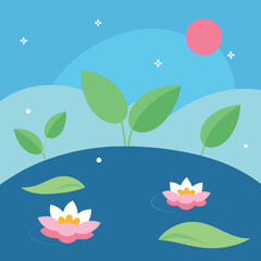 Poster - Serene lotus pond illustration with leaves and a pink sun on a clear blue day
