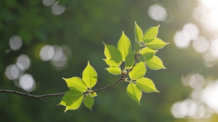 Poster - Sunlight filters through a group of vibrant green leaves sprouting from a slender branch, creating a serene and hopeful image of new life and natural beauty
