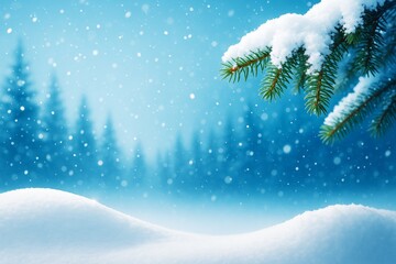 Poster - Snow-covered pine tree branch with snowfall in winter forest landscape on blue background with soft light and abstract natural atmosphere.