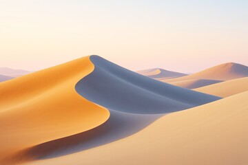 Poster - Golden sand dunes under soft pastel sky with smooth curves and shadows in a tranquil desert landscape with natural light and no people visible.