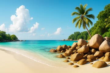 Aufkleber - Tropical beach with turquoise sea, palm tree and granite rocks under bright sky and sunlight, surrounded by lush green forest.