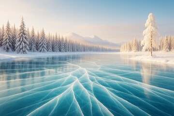 Poster - Frozen lake with cracked ice surface surrounded by snowy pine forest and glowing mountain background under soft winter morning light.