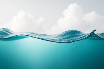 Poster - Crystal clear ocean wave with underwater view and soft clouds in the sky on a light background, peaceful nature seascape concept.