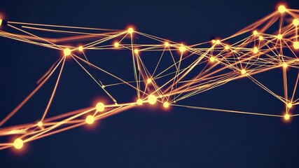 Poster - Orange glowing dots and lines are slowly connecting and expanding, creating a complex network on a dark blue background, symbolizing data flow, technological advancement, or social connections