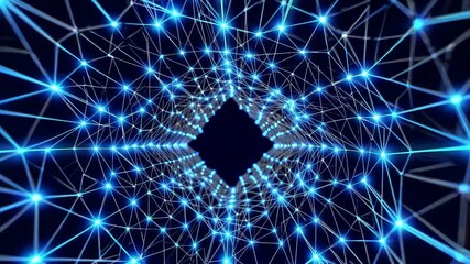 Poster - Rotating plexus tunnel featuring luminous blue dots emerging through dark digital space, generating mesmerizing network visualization representing technological connectivity and data transmission