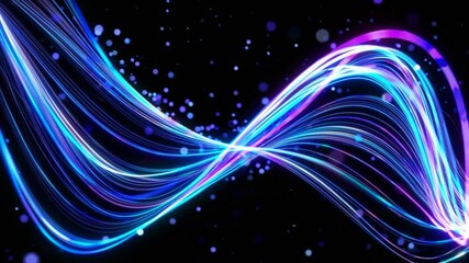 Fototapete - Luminous lines weaving wave patterns with glowing particles, creating mesmerizing energy against dark background with fluid, elegant motion