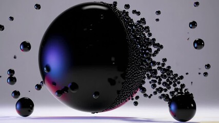 Poster - Shiny black sphere gradually exploding and transforming into multitude of tiny black spheres on a clean white background, showcasing a captivating visual transformation