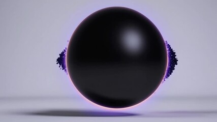 Poster - Animation of a black sphere transforming, colliding, merging, and disintegrating into small particles, showcasing various stages of disintegration and reformation against a clean white backdrop