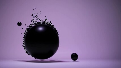 Poster - Multiple views of a large black sphere slowly exploding and emitting many small black particles on a seamless white background, changing colors
