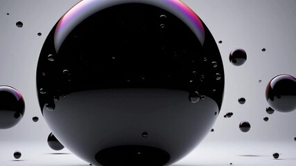 Poster - Black spheres gravitationally merging, attracting and absorbing smaller elements on white background, creating abstract scientific visualization of particle interaction