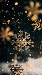 Poster - Golden snowflakes are gently falling against a dark, sparkling background, creating a magical christmas atmosphere with snow-covered ground