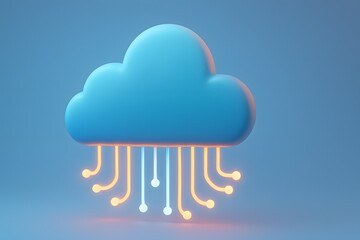 Poster - Blue Cloud Icon with Digital Lines Representing Data Connection