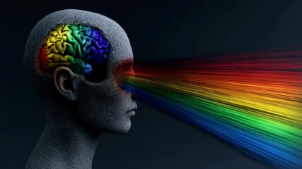 Poster - Abstract composition with a figure of a human head from which a multi-colored brain emerges with rainbow streams of light