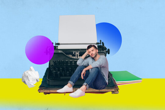 Zine banner full photo collage of happy girl guy author stand retro typewriter machine novelist occupation documentation