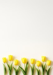 Poster - Yellow tulip flowers aligned at the bottom over bright beige background with copy space for design, banner, postcard, or advertising concept.