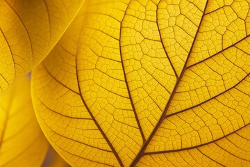 Poster - Close-up of vibrant yellow translucent leaf structure showing detailed veins and patterns in natural light. Ai generative.