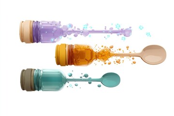 Poster - Colorful jars with spoons create a playful display of liquids and bubbles in a creative arrangement on a white background