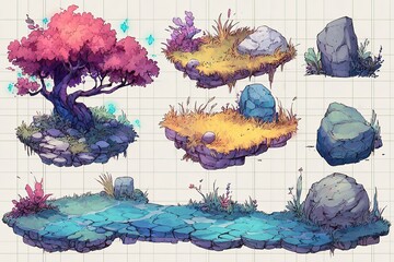 Poster - Illustrative fantasy landscape elements with trees, rocks, and grass patches set on a grid background