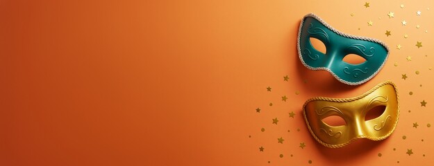 Aufkleber - Carnival masks with golden confetti on vibrant orange background, festive and creative culture concept with copy space for poster or banner design.