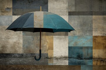 Poster - Umbrella hanging against a textured wall of geometric patterns and muted colors