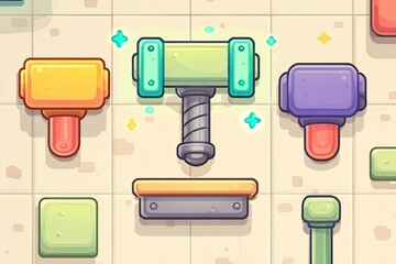 Poster - Colorful and playful game symbols displayed on a tile background inviting players to engage in fun activities