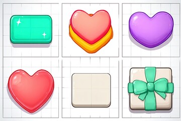 Poster - Colorful heart-shaped icons and a gift box design displayed on a grid layout for a mobile game interface