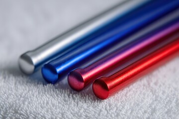 Poster - Colorful metal rods arranged on a white textured surface highlighting their shiny finishes and distinct colors