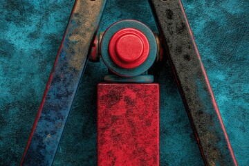 Poster - Colorful industrial tool setup showcasing textures and shapes in a vibrant environment with blue and red hues creating contrast