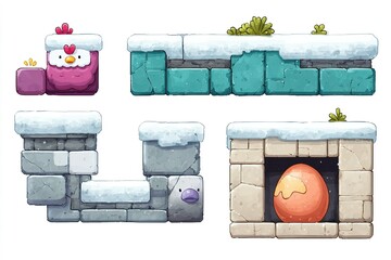 Poster - Colorful winter-themed platform game tiles featuring snow-covered blocks and hidden egg