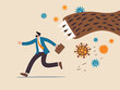 © Sector30 - Bear market by COVID-19 Virus pandemic, stock market panic sell from novel corona virus, investor sell all their assets concept, panic businessman run away from bear claw with COVID-19 virus pathogens