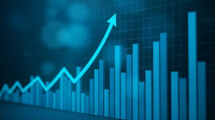 Poster - Blue line graph rising on bar chart showing financial trend. Business growth and success data visualization for stock market, footage.