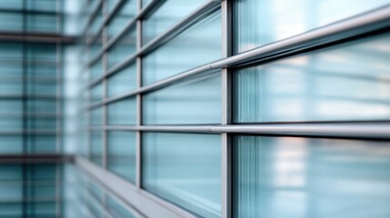 Poster - An artistic close-up of a modern glass facade showcasing sleek lines and abstract reflections, highlighting the beauty in architectural design and contemporary aesthetics.