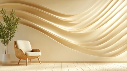 Poster - A stylish interior featuring a soft, textured wall design with gentle waves, complemented by a modern wooden chair and a potted plant for a cozy atmosphere.