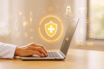 Aufkleber - Doctor using laptop with glowing medical icons and digital health symbols on light background representing modern healthcare technology concept.