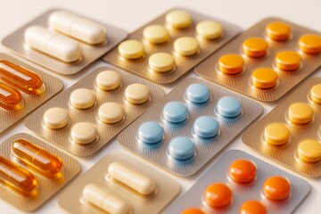 Aufkleber - Assorted colorful pharmaceutical pills and capsules in blister packs on light background, arranged neatly in scientific 3D perspective style.