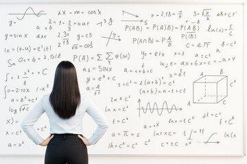 Poster - Woman standing in front of whiteboard filled with complex scientific and mathematical formulas, viewed from behind, in bright light background.