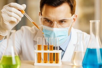 Poster - Scientist wearing mask and gloves conducting chemical experiment with test tubes in bright laboratory background. Ai generative.
