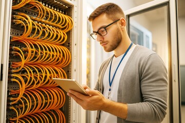 Aufkleber - Technician working on tablet near orange network cables in data center with bright light background and modern server technology setup.