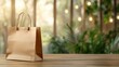 © Larisa AI - A minimalistic image of a stylish brown shopping bag gracefully placed on a wooden table, evoking themes of consumerism, simplicity, and modern lifestyle choices.