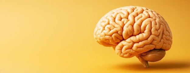Poster - Human brain model on yellow background with copyspace for design, science or education concept in clean minimal composition. Ai generative.