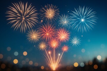 Poster - Colorful fireworks exploding in night sky with bokeh light background, festive celebration abstract concept with glowing bursts and vibrant display.