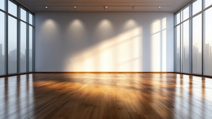 Poster - A spacious minimalist room bathed in natural light creates a tranquil and open atmosphere, ideal for creative thinking or relaxation with sleek wooden flooring.