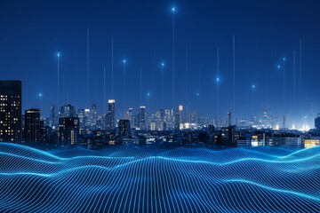 Poster - Futuristic smart city skyline at night with glowing light lines and digital waves in blue as technology concept background. Ai generative.