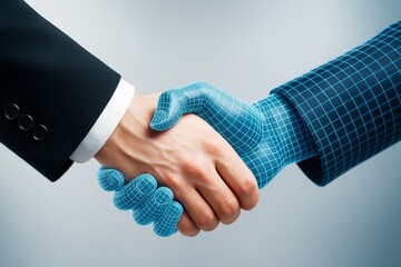 Poster - Human and digital hand shaking symbolizing partnership between technology and people on light blue background with futuristic tech concept.