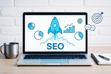 Aufkleber - SEO concept with rocket and analytics icons on laptop screen over light background, symbolizing digital growth and tech strategy success.