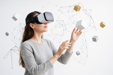 Poster - Woman using virtual reality headset interacting with digital cubes and abstract geometric shapes on light background, futuristic technology concept.