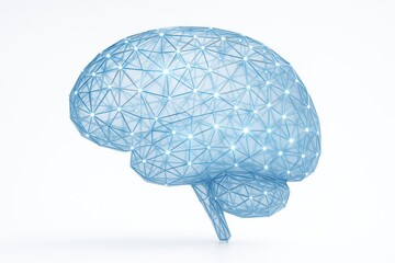 Poster - Futuristic blue geometric brain structure with glowing connection points on white background symbolizing AI technology and innovation concept.