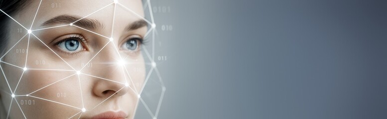 Poster - Close-up of woman's face with digital facial recognition mesh and binary code on blue background for technology concept and promotion template.